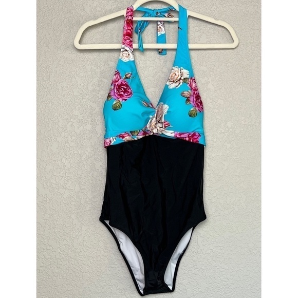 CUPSHE Floral/Black Colorblock Halter Neck High Waist Retro 1 Piece Swim Suit M - Picture 4 of 10